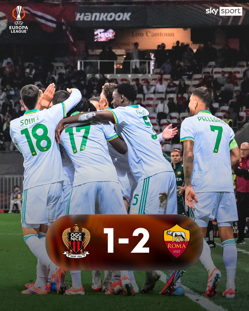 SkySport's tweet image. ULTIM'ORA EUROPA LEAGUE
Nizza-Roma 1-2
⚽️ #Ndicka (52'), #Mancini (55'), rig. #Moffi (77')
#SkySport #NizzaRoma #SkyUEL #Roma