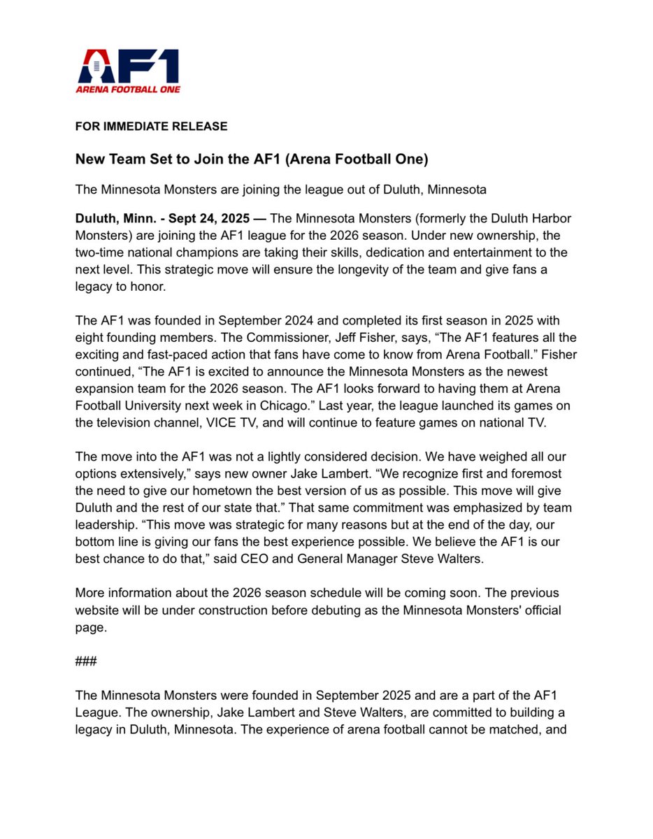 af1football's tweet image. Arena Football One is proud to officially welcome the Minnesota Monsters as the league’s newest franchise! Welcome to the AF1.

For more details, visit theaf1.com
