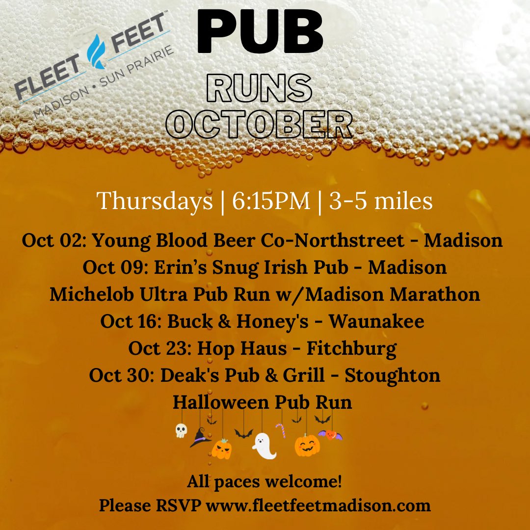 Check out our free October pub runs!  Get your costume ready for our Halloween pub run on Oct 30th!  🎃