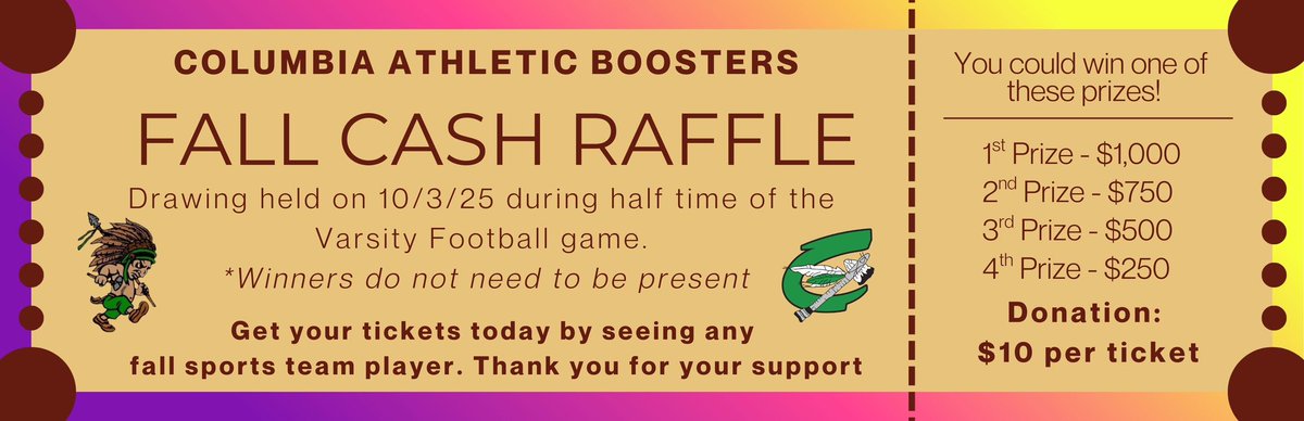 Don't forget to grab some CASH RAFFLE tickets !!! Take a chance at winning some MONEY while supporting our athletic programs .