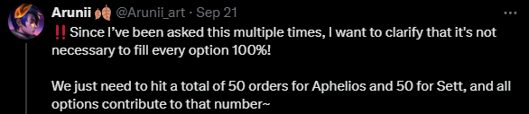 uvictsa's tweet photo. 10 DAYS LEFT!!!! :'D just need a few more... 10 on sett 8 on aphelios!!! https://t.co/Vc7m1yNgkG