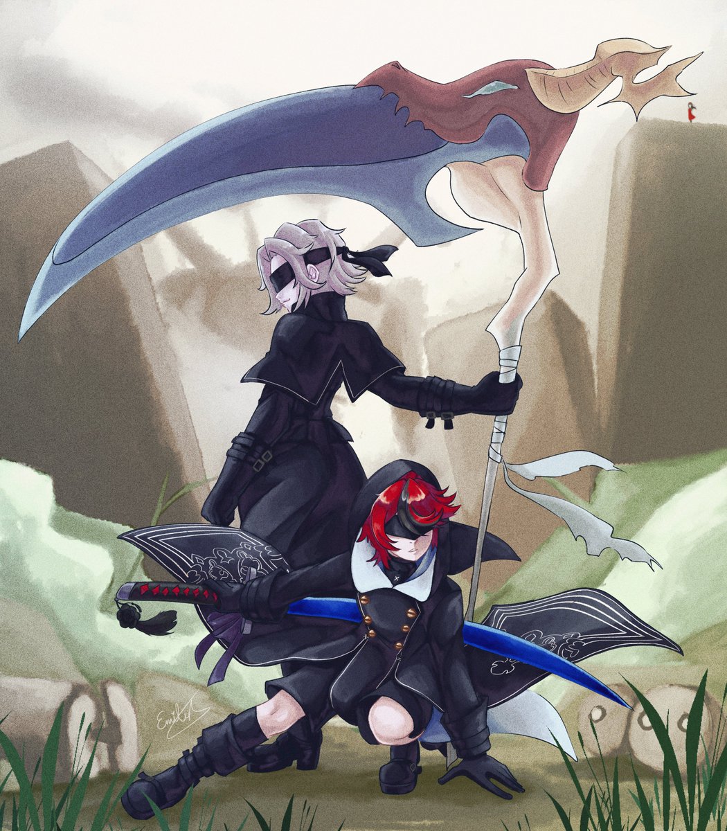 #eitakuweek2025 
Day 7 - Free day

Finally finished the last day!! Maybe I work more on this possible nier au in the future cause this was very fun to do and it gave me ideas to expand on it!
#eitaku #hndr_FA