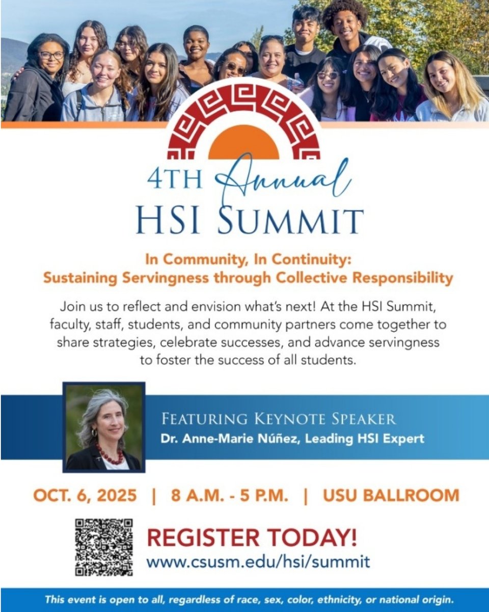 csusm_library's tweet image. You're invited to the 4th Annual HSI Summit on October 6. #CSUSM’s #HSI Summit brings together faculty, staff, students, and community members to reflect on and advance what it means to be a Hispanic Serving Institution. This event is open to all.
RSVP: csusm.edu/hsi/summit