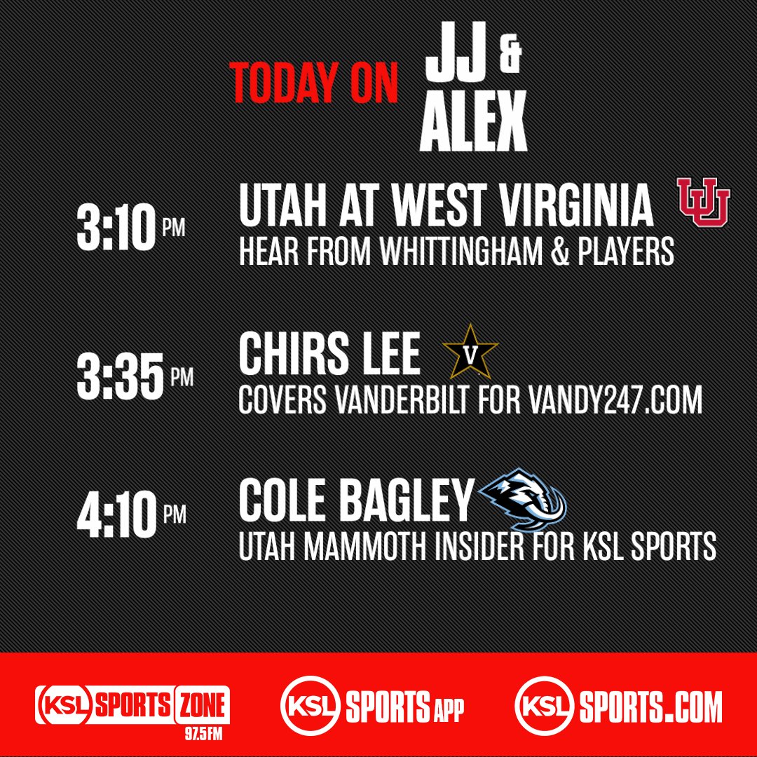 97.5 The KSL Sports Zone (@kslsportszone) on Twitter photo Wednesday on <a href="/JeremiahJensen/">Jeremiah Jensen</a> & <a href="/AlexKirryKSL/">Alex Kirry</a>
- Utah at WVU
- <a href="/chrislee70/">Chris Lee</a> 3:35
- #TusksUp
- <a href="/BagleyKSLsports/">Cole Bagley</a> 4:10
- USU at Vandy
- #BYUFootball
- Latest on #TakeNote
- and so much more!
πΊ: youtube.com/@ksl5sports
π§: tuner.bonneville.com/live/KZNS-FM
<a href="/kslsports/">KSL Sports</a> Wednesday on <a href="/JeremiahJensen/">Jeremiah Jensen</a> & <a href="/AlexKirryKSL/">Alex Kirry</a>
- Utah at WVU
- <a href="/chrislee70/">Chris Lee</a> 3:35
- #TusksUp
- <a href="/BagleyKSLsports/">Cole Bagley</a> 4:10
- USU at Vandy
- #BYUFootball
- Latest on #TakeNote
- and so much more!
πΊ: youtube.com/@ksl5sports
π§: tuner.bonneville.com/live/KZNS-FM
<a href="/kslsports/">KSL Sports</a>