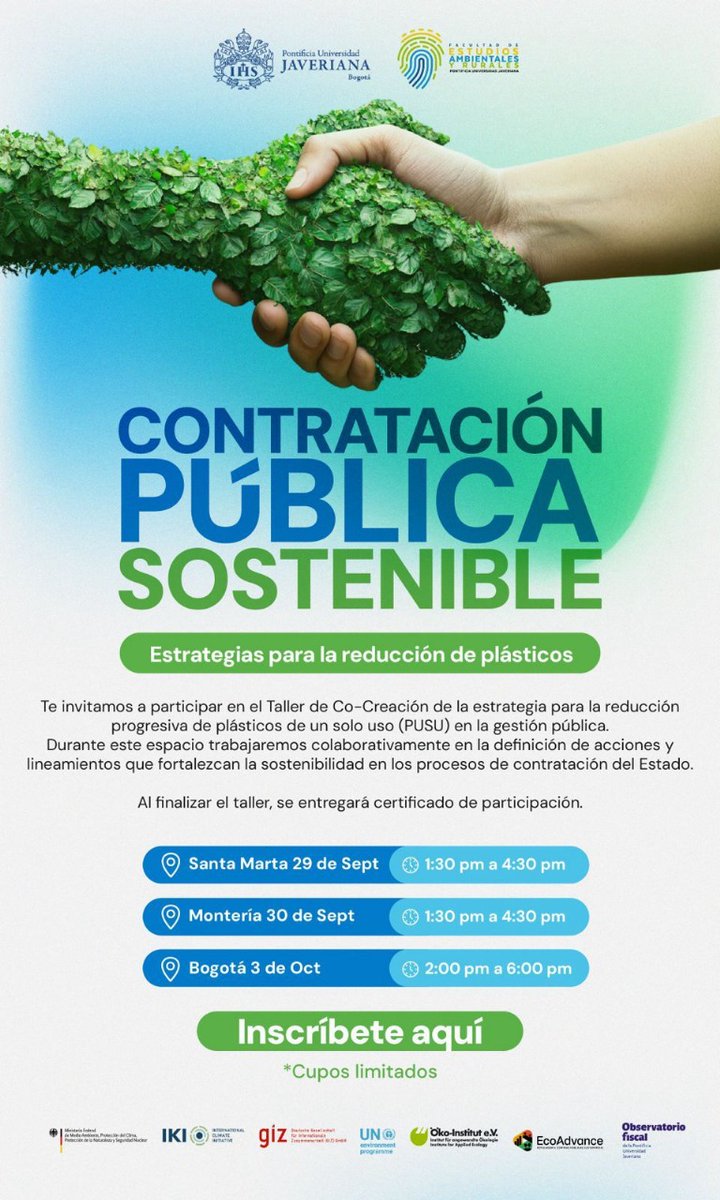 fearpuj's tweet image. ♻️ ¡Construyamos un futuro #SinPlásticos en la contratación pública! 🚫 Únete a nuestro taller de Co-Creación en 
Sta Marta (29/9)
 Montería (30/9) o 
Bogotá (3/10).
 ¡Cupos limitados! Inscríbete: forms.office.com/r/9cPfANAN3J
 @UniJaveriana #Sostenibilidad