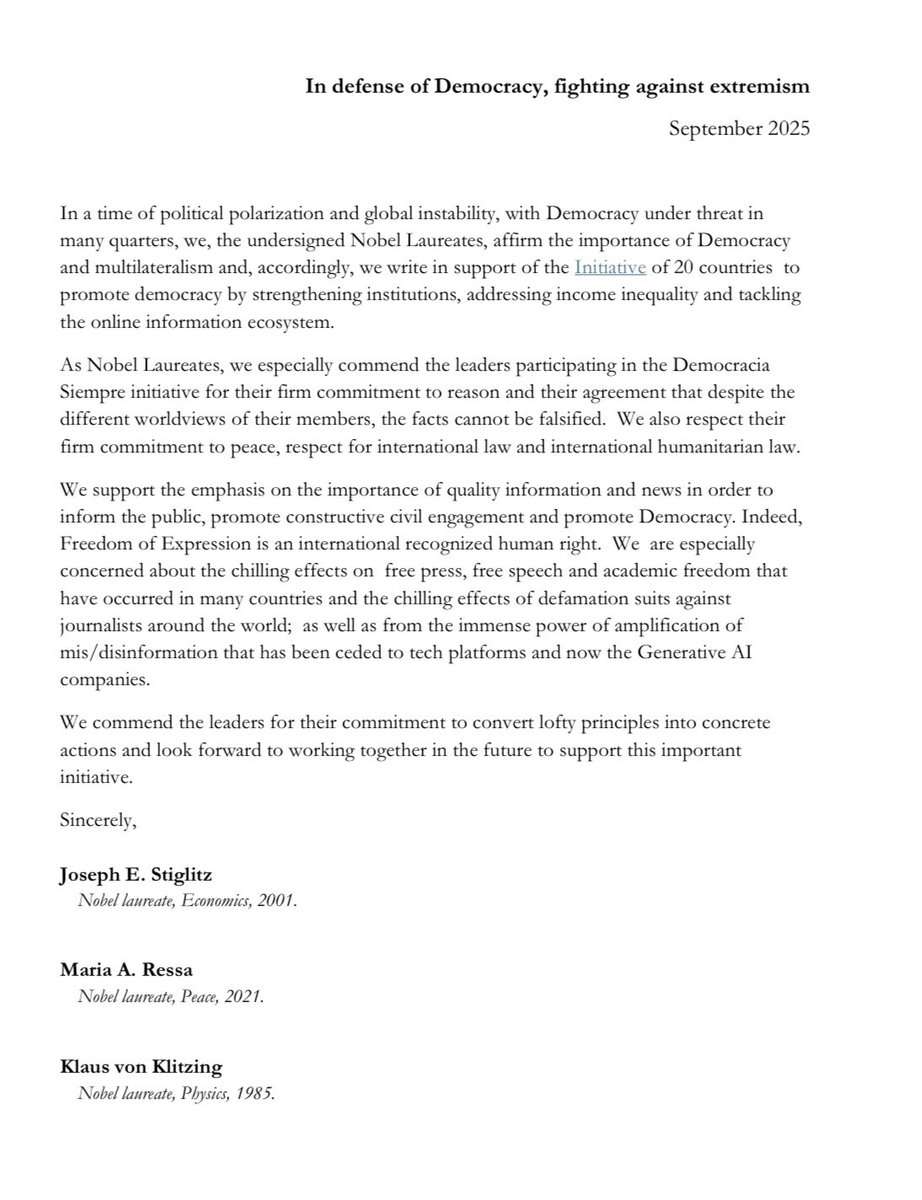 #EnDefensaDeLaDemocracia
✅43 Premios Nobel manifiestan preocupación por "el inmenso poder de amplificación de la desinformación que se ha cedido a las plataformas tecnológicas y ahora a las empresas de inteligencia artificial generativa".

Entre los/as firmantes: Joseph