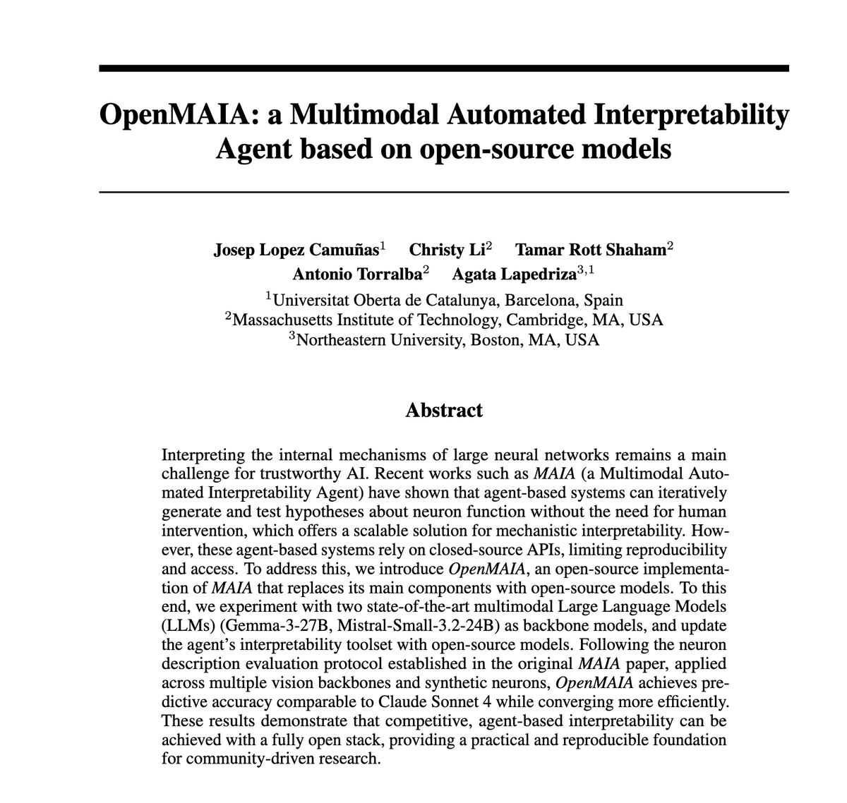 joseplcam's tweet photo. 🎉 Thrilled to share that our papers “Automated Detection of Visual Attribute Reliance with a Self-Reflective Agent” (main track) and “OpenMAIA: a Multimodal Automated Interpretability Agent based on open-source models” (MIW Workshop) have been accepted to #NeurIPS2025! https://t.co/p4Rd8Xu8hL