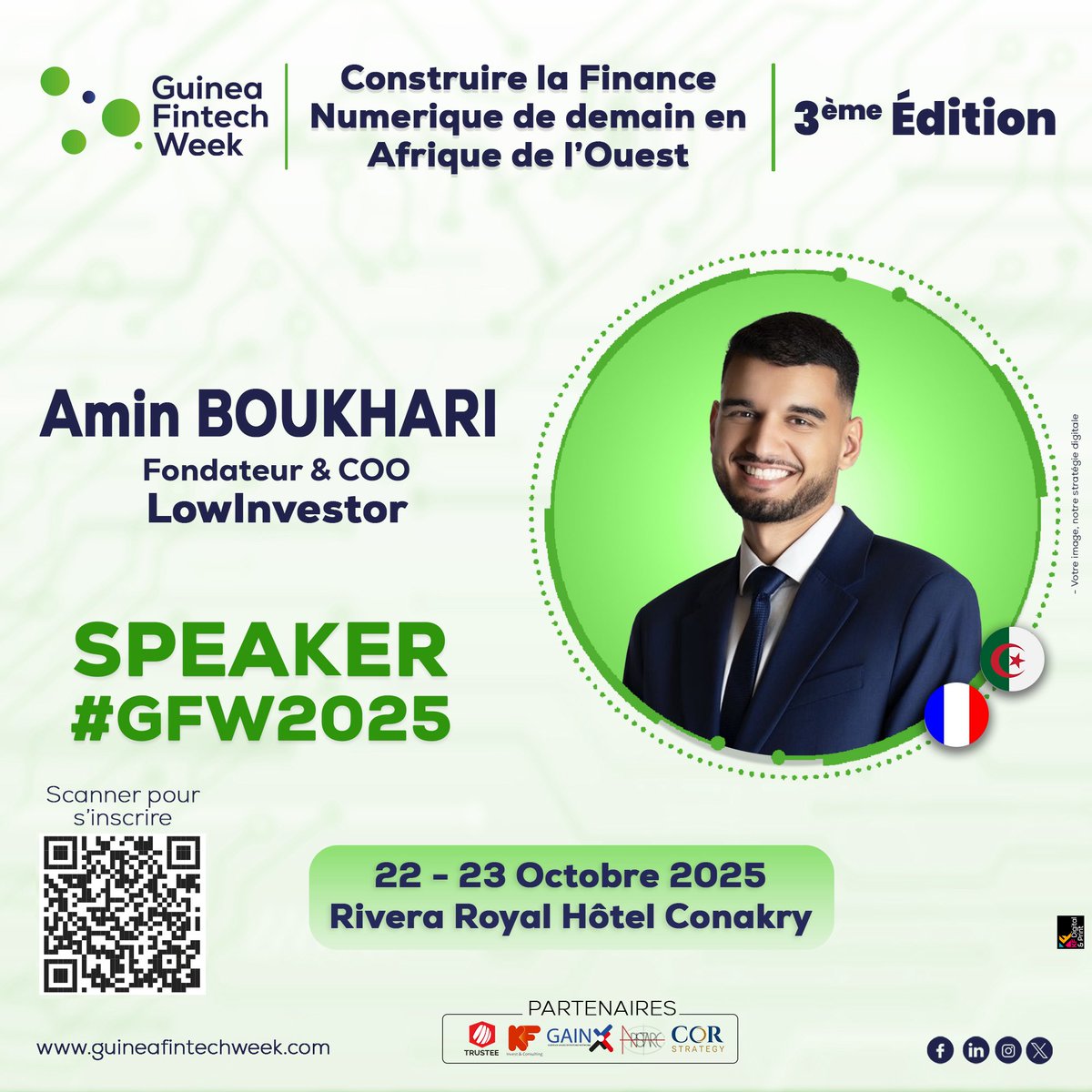 Speaker #GFW2025
Nous sommes heureux d’annoncer @Amin BOUKHARI, Founder &amp; COO de LowInvestor, speakers de la 3ème édition de Guinea Fintech Week !

📅 22 – 23 Octobre 2025 📍 Riviera Royal Hôtel, Conakry 🔗 guineafintechweek.com
#GFW2025 #Fintech #LowInvestor #Innovation
