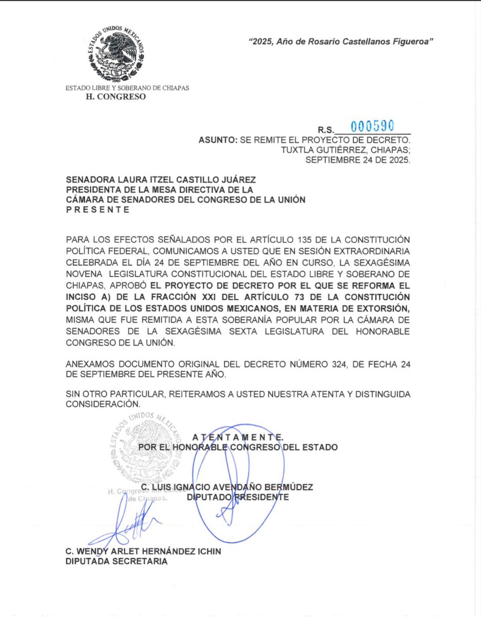 ramirezlalo_'s tweet image. En Chiapas nos sumamos a la cruzada que nuestra presidenta Claudia Sheinbaum Pardo @Claudiashein ha iniciado para combatir el delito de extorsión, aprobando en el Congreso del Estado el proyecto de decreto por el que se reforma el inciso A de la fracción XXI del artículo 73 de la…