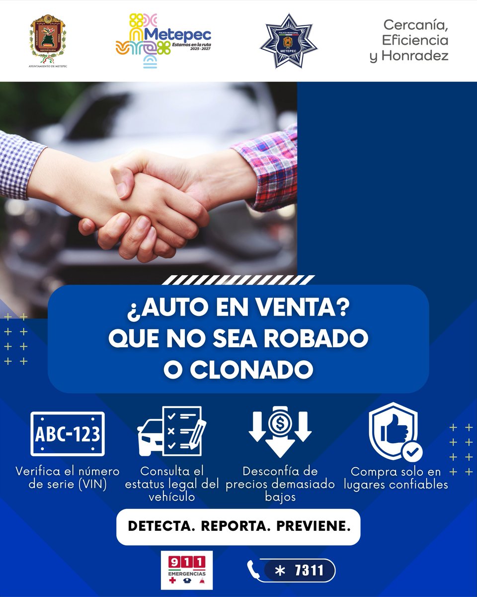 La Policía Municipal trabaja de manera permanente para prevenir la compra y venta de vehículos robados o clonados.

#PolicíaMunicipal #EstamosEnLaRuta #PorUnMetepecMásSeguro #CercaníaEficienciayHonradez #MetepecBrilla