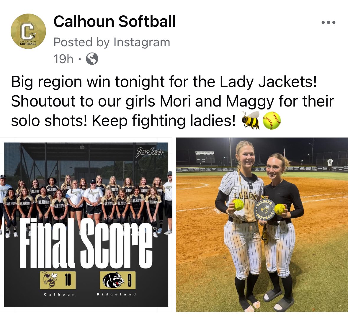 Great team win! Went 5/5, 2 doubles, 2 singles, HR, walk!
<a href="/CalhounSoftball/">Calhoun Softball</a> <a href="/AGTFREEMAN16u/">Athletics Gold Tamborra/Freeman18u</a> <a href="/CoachKRyman/">Kristin Ryman</a> <a href="/CoachBooDickey/">Boo Dickey</a>