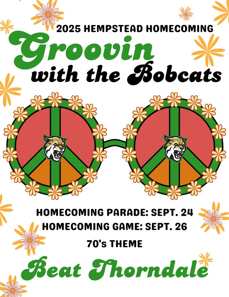 We look forward to seeing our Bobcat Families, Staff, and Fans TONIGHT at the Homecoming Parade at 6 PM.  The Parade lineup will begin at 5:00 p.m. The route will be from the front of HHS to the Gazebo., ending in a pep rally. See you soon!