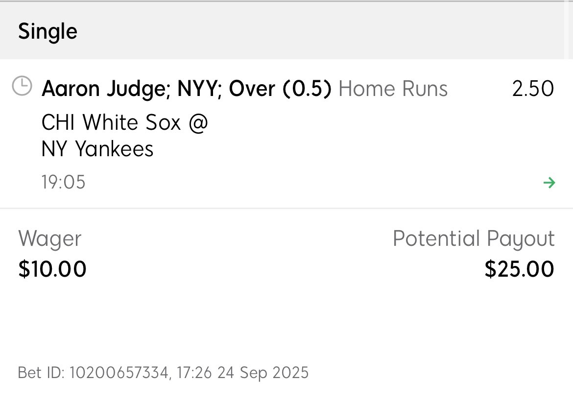 📢 FREE PLAYS FOR TODAY
✅ Single: Aaron Judge HR (+150) — $10 to win $25
✅ 2-Leg Parlay: • Red Sox ML • Yankees ML $10 to win $21.88
We’re locked in for another night of action — simple, sharp, and focused. Let’s cash these and keep building 📈💰
#MLB #FreePlay
