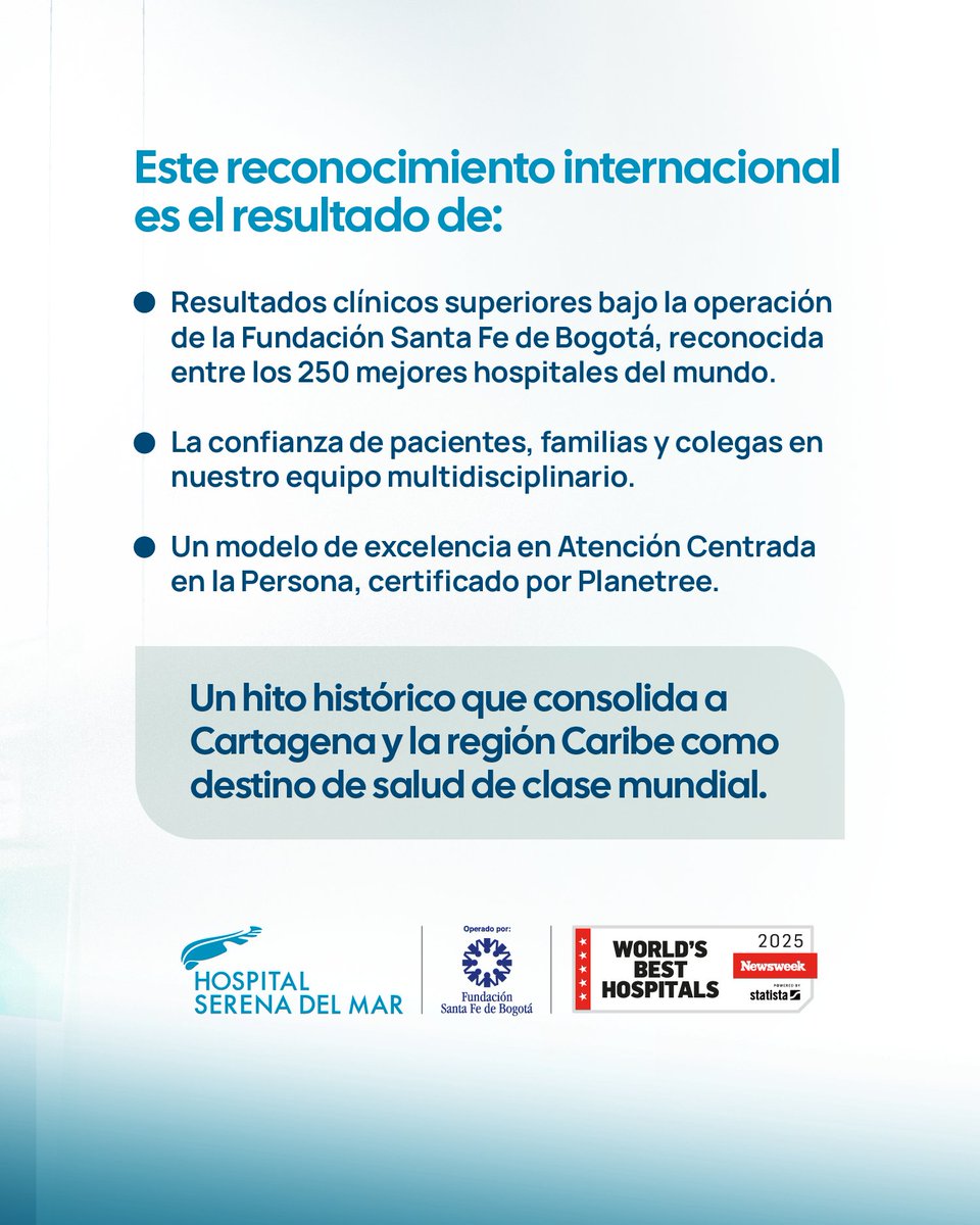 💙Transformamos la salud del Caribe colombiano: somos el hospital #1 de la región, según Newsweek y Statista.🎉

Gracias a los pacientes y sus familias que confían en nosotros y a nuestros colaboradores por su compromiso día a día. Seguimos bridando salud de clase mundial. 🥇