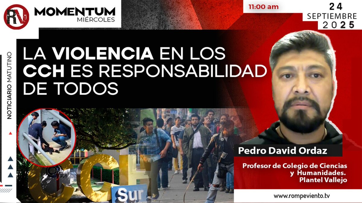 RompevientoTV's tweet photo. 🔥#Entérate #Entrevista 

💬 Pedro David Ordaz, Profesor de Colegio de Ciencias y Humanidades, #CCH Plantel Vallejo

🆘 La violencia en los #CCH es responsabilidad de todos

Entrevista completa por #VioletaNúñez 

#Infórmate👇
https://t.co/o0mzHxlw5e https://t.co/EGhSVgS3g8
