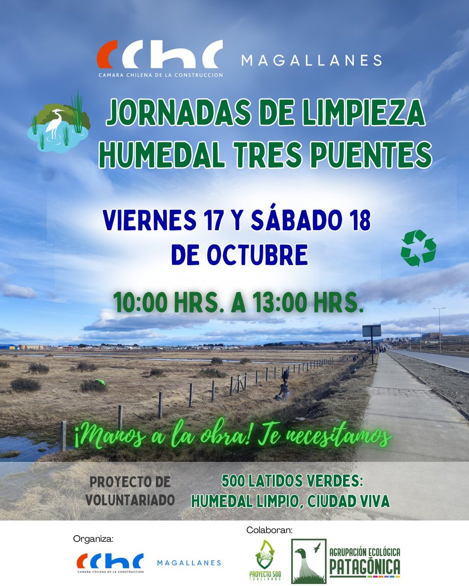 🌿 ¡Súmate a las jornadas de limpieza del Humedal Tres Puentes! 🌿 Desde la CChC, proyecto 500 #Magallanes y Agrupación Ecológica Patagónica, les invitamos a participar de una actividad comunitaria para cuidar un valioso ecosistema de #PuntaArenas: forms.gle/JCixL8i4725XZF…
