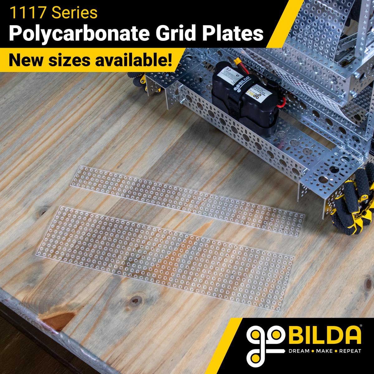 These two new sizes of Polycarbonate Grid Plates unlock awesome possibilities for creating custom structure and shapes that go beyond the gridlines of standard building! You can choose exactly the size you need for your eclectic designs.
gobilda.com/grid-plates