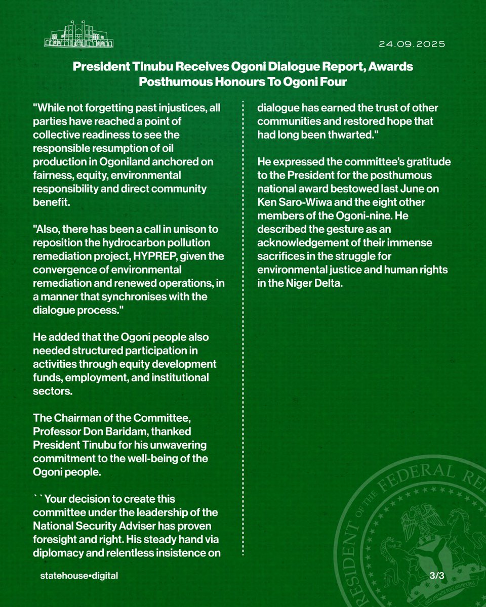 President Tinubu Receives Ogoni Dialogue Report, Awards Posthumous Honours To Ogoni Four