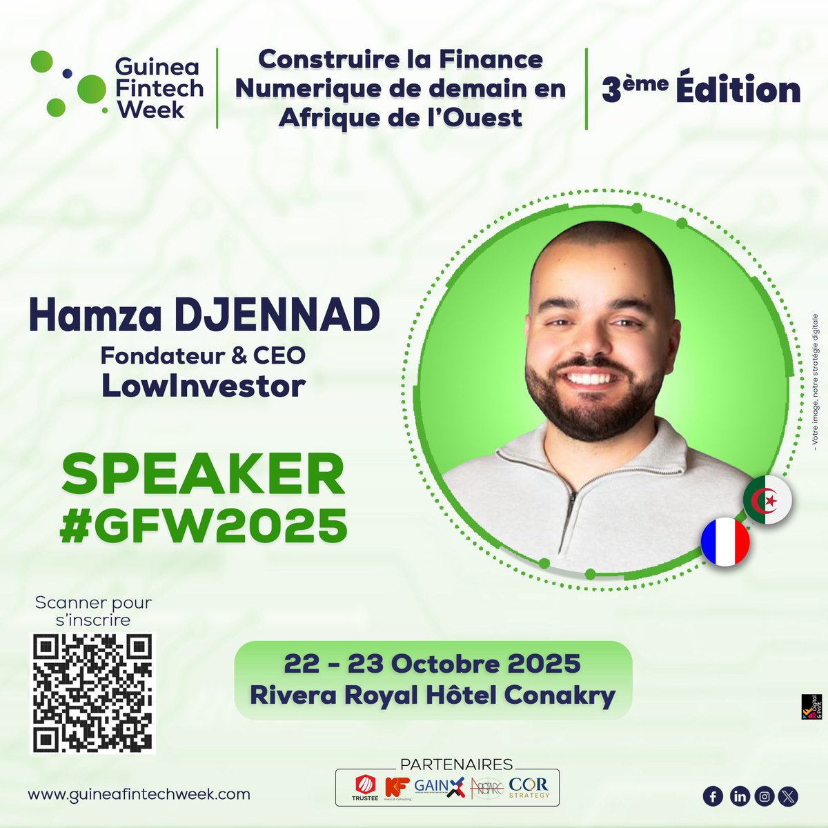 #GFW2025 accueille Hamza DJENNAD, Fondateur &amp; CEO de LowInvestor.
 Expert en #fintech et #investissement inclusif, il partagera sa vision d’une finance digitale accessible à tous. 🚀
📅 22–23 Octobre | Conakry 🔗 guineafintechweek.com
#Innovation #LowInvestor #Guinea