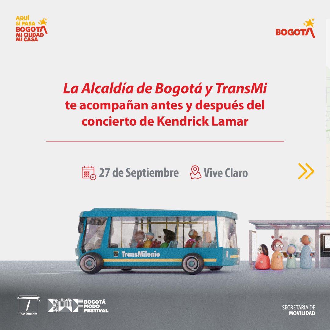 TransMilenio's tweet photo. 🔥 El rey del hip hop llega a Bogotá 🔥

Este 27 de septiembre, Kendrick Lamar hará vibrar a la ciudad y TransMi te acompaña antes y después del concierto con rutas zonales y troncales para que te muevas rápido, fácil y a precios justos. 🚍💨

👀Consulta las rutas que más te sirven y planea tu viaje con anticipación.