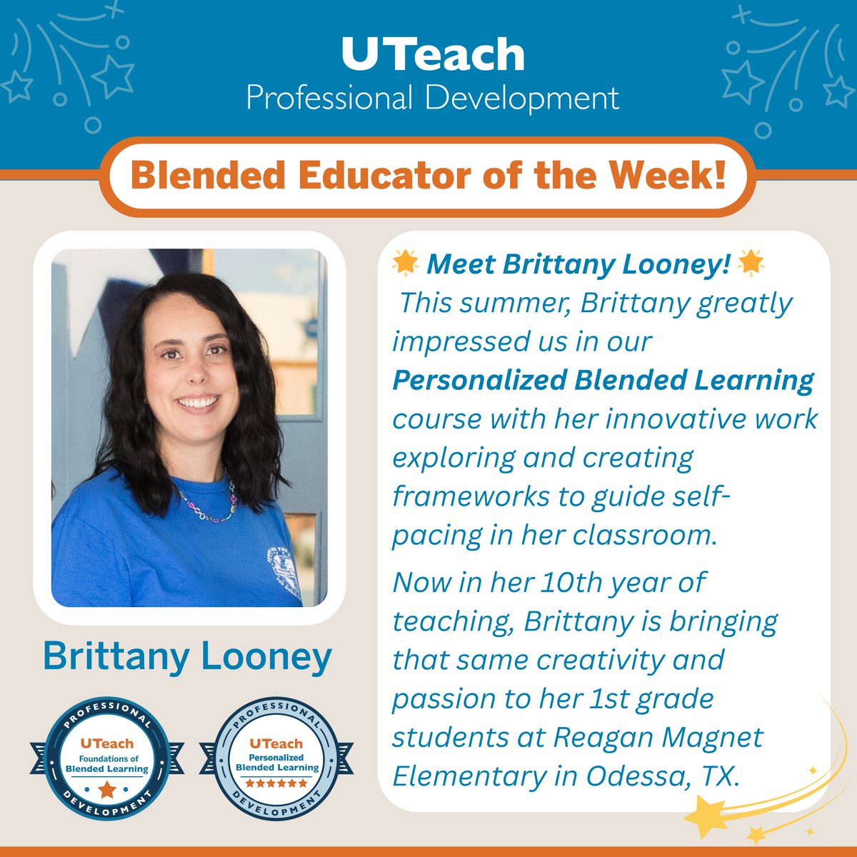 👏 Shoutout to Brittany Looney, our Blended Educator of the Week!
She’s building self-pacing into her 1st grade class at with Canva choice boards, HQIMs, adaptive spaces &amp; Seesaw—all to guide workable autonomy for her young learners. 🌟 #UTeachPD #BlendedLearning