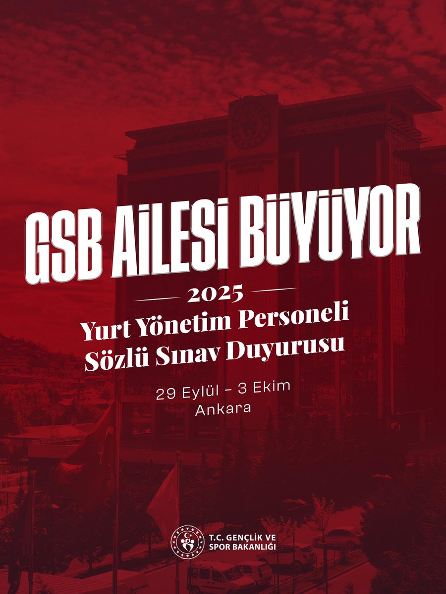 📢 GSB Ailemiz Büyümeye Devam Ediyor!
2025 Yurt Yönetim Personeli Sözlü Sınavı başlıyor.

🗓️29 Eylül – 3 Ekim
📍Ankara
🔗Detaylı Bilgi: gsb.gov.tr/tr/haber-detay…