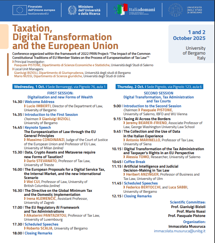 01+02-10-25 - Bergamo - Taxation, Digital Transformation and the European Union - Among the Speakers, Profs <a href="/GBizioli/">Gianluigi Bizioli</a>, P.Pistone, M.Condinanzi, <a href="/d_stevanato/">Dario Stevanato</a>, A.Marinello, <a href="/hmanzinger/">Heribert Anzinger</a> 👇
dgiu.unibg.it/it/eventi/taxa…  #TaxTwitter