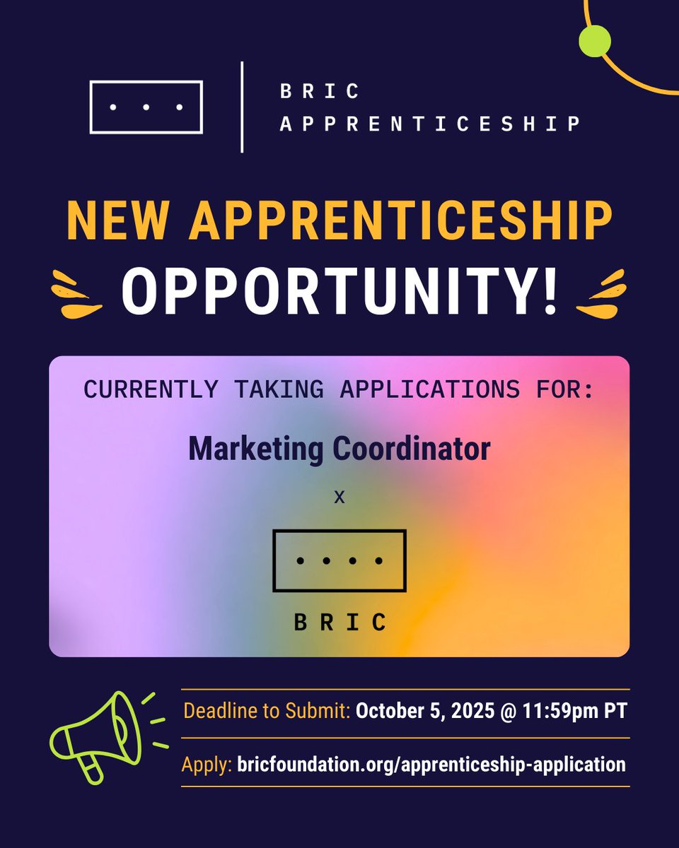 📣 The BRIC Team is seeking our next Marketing Coordinator Apprentice!

Must be:
✅ Current Los Angeles area resident
✅ Veteran status OR 18–24 years old
✅ Authorized to work in the US

⏰ Apply by Oct 5 at 11:59pm PST
🔗 bricfoundation.org/apprenticeship…