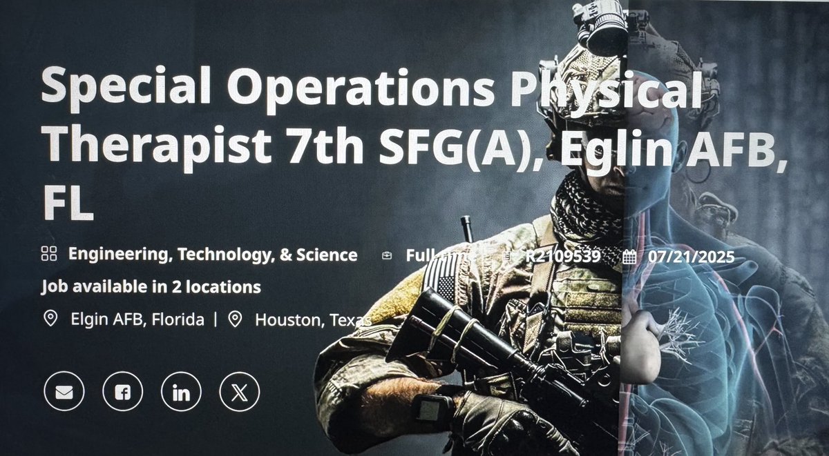 PT needed for 7th Special Forces Group at Eglin Air Force Base in Florida (Destin &amp; Fort Walton Beach area). If you meet the requirements, which are set by the U.S. government, please apply at the link below. 

careers.kbr.com/us/en/job/R210…