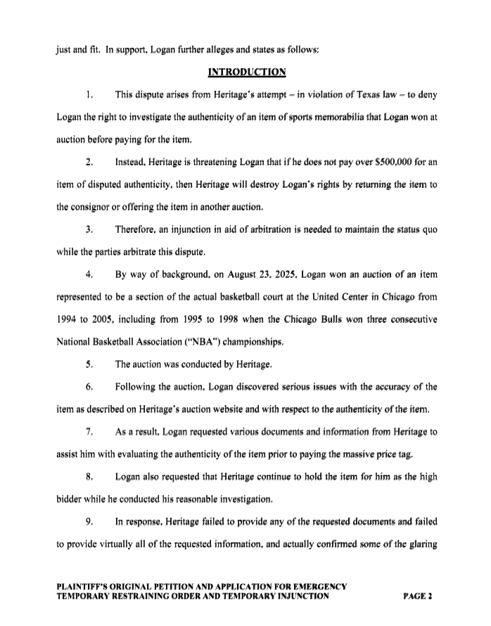 Influencer, pro wrestler <a href="/LoganPaul/">Logan Paul</a> sued auction house <a href="/HeritageAuction/">Heritage Auctions</a> today in Dallas County, disputing authenticity of a $500,000 piece of <a href="/UnitedCenter/">United Center</a> court the @ChicagoBulls won 3 NBA titles on. More coverage for subscribers in tonight's <a href="/CourthouseNews/">Courthouse News</a> Dallas State Report