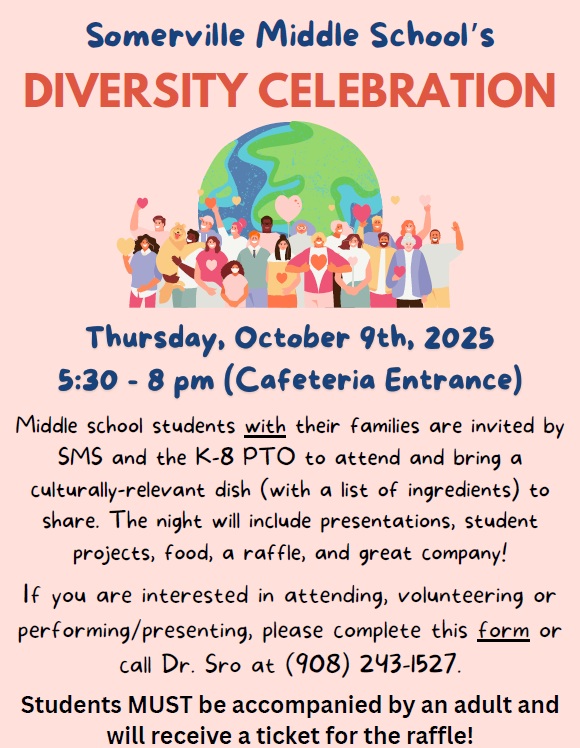 Somerville NJ PTO (@somervillenjpto) on Twitter photo Diversity Celebration at SMS!
Thursday, October 9, 5:30-8pm
All SMS Families invited to come, see & share cultures!
Food, raffle, presentations, student projects!
Sign up at this link if your family wants to come, bring a dish, or help!
docs.google.com/forms/d/e/1FAI… Diversity Celebration at SMS!
Thursday, October 9, 5:30-8pm
All SMS Families invited to come, see & share cultures!
Food, raffle, presentations, student projects!
Sign up at this link if your family wants to come, bring a dish, or help!
docs.google.com/forms/d/e/1FAI…
