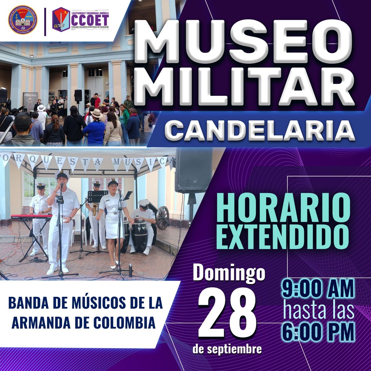 ¡En este #MesDelPatrimonio ven a disfrutar del Museo!🥳

🎉Este domingo prográmate a disfrutar de nuestras salas y bailar al ritmo de la Banda de Músicos de nuestra <a href="/ArmadaColombia/">Armada de Colombia</a> 🎷🎤🎼

¡Te esperamos con las puertas al patrimonio abiertas!📢🎶🏛
