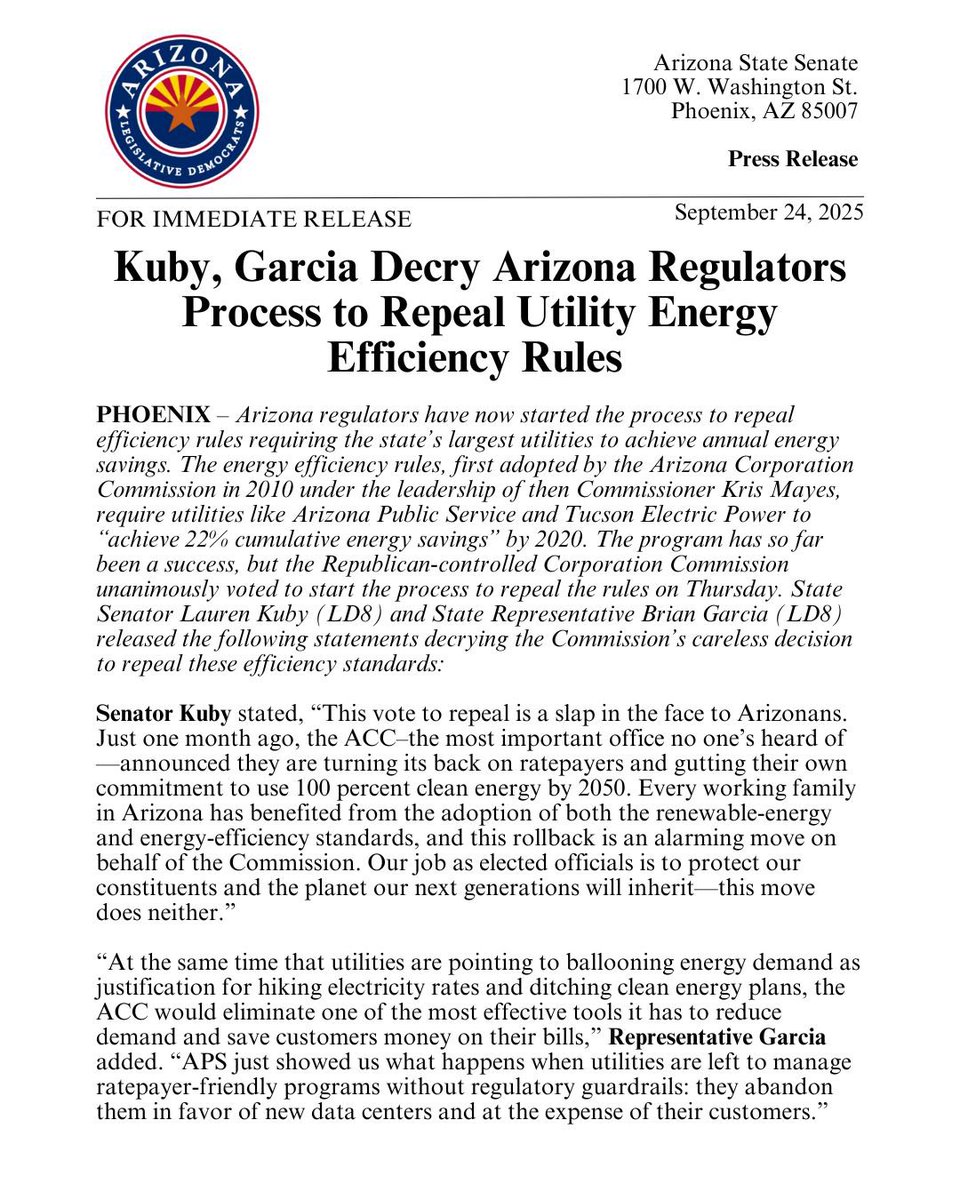 PRESS RELEASE: Kuby, Garcia Decry Arizona Regulators Process to Repeal Utility Energy Efficiency Rules