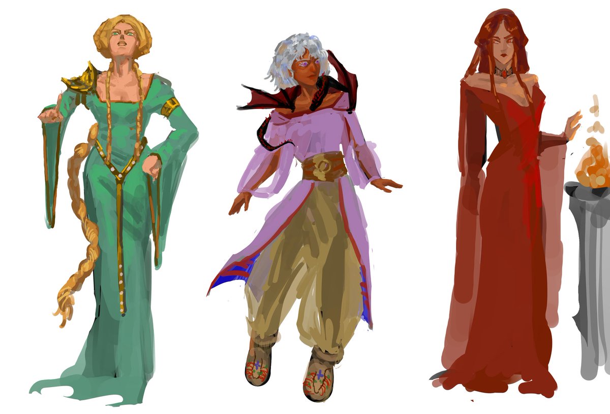 urwlw's tweet image. me 🫶 sketching  three characters posed in a blank white void 
anyways this is a quick cersei, dany and melisandre!