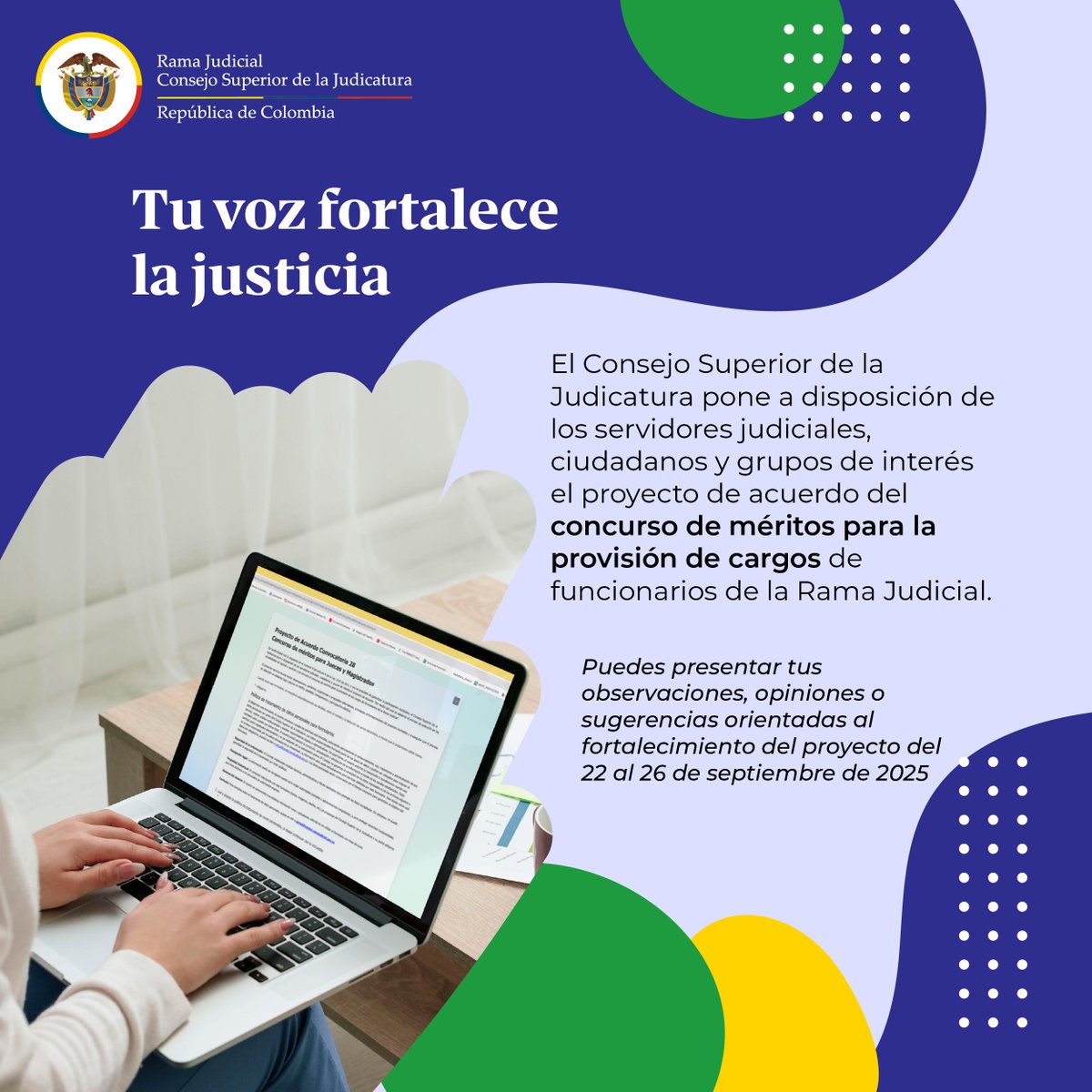 #TeInteresa 📢| El Consejo Superior de la Judicatura publicó el proyecto de acuerdo para concurso de méritos de funcionarios de #RamaJudicial.

Invitamos a servidores judiciales y ciudadanía a presentar sus observaciones para fortalecer este proceso ➡️ acortar.link/YafTp3