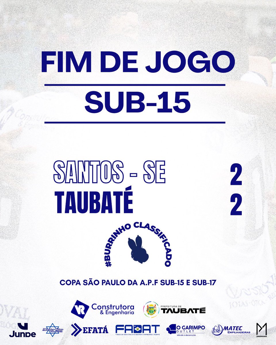 ectaubate's tweet photo. FIM DE JOGO!

Com gols de Miguel Maia e Ian Koda o #Burrinho empata com o Santos (SE) por 2 a 2, fora de casa. Vale ressaltar que a categoria já conquistou a classificação com antecedência! https://t.co/2QZPXi4Pah