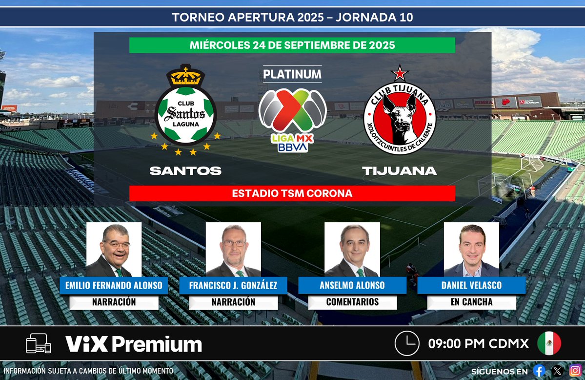 PLATINUM Sports (@ps_sportstv) on Twitter photo ⚽️ #LigaBBVAMX 🇲🇽 | #Santos vs. #Tijuana
🇲🇽📱💻 <a href="/VIX/">ViX</a> Premium
🎙 <a href="/emilio_alonso69/">Emilio Fernando Alonso Rubin</a>
🎙 <a href="/FJG_TD/">Fco Javier González</a>
🎙 <a href="/AnselmoAlonso/">Anselmo Alonso</a>
🎙📝 <a href="/daniel_velasco5/">Daniel Velasco | El Sonrisas 🃏</a>
#ElMejorFutEnTUDN ⚽️ #LigaBBVAMX 🇲🇽 | #Santos vs. #Tijuana
🇲🇽📱💻 <a href="/VIX/">ViX</a> Premium
🎙 <a href="/emilio_alonso69/">Emilio Fernando Alonso Rubin</a>
🎙 <a href="/FJG_TD/">Fco Javier González</a>
🎙 <a href="/AnselmoAlonso/">Anselmo Alonso</a>
🎙📝 <a href="/daniel_velasco5/">Daniel Velasco | El Sonrisas 🃏</a>
#ElMejorFutEnTUDN