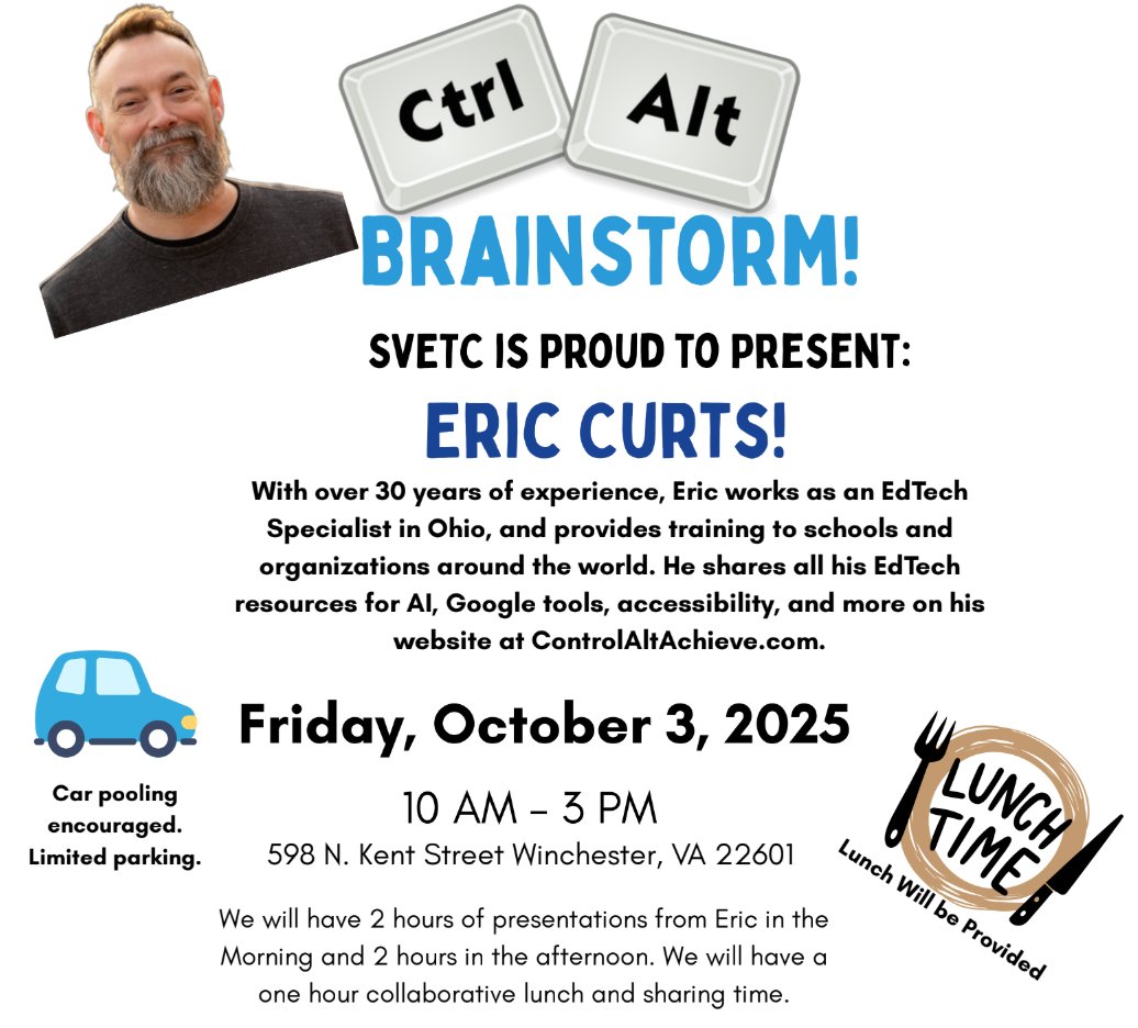 vste's tweet image. SVETC invites you to an engaging day of learning and collaboration at the Ctrl Alt Brainstorm Mini-Conference with @EricCurts on Friday, October 3, 2025, from 10:00 a.m. – 3:00 p.m. at Winchester City Public Schools.

Space is limited, register now!
https://ctrlaltbrainsto...