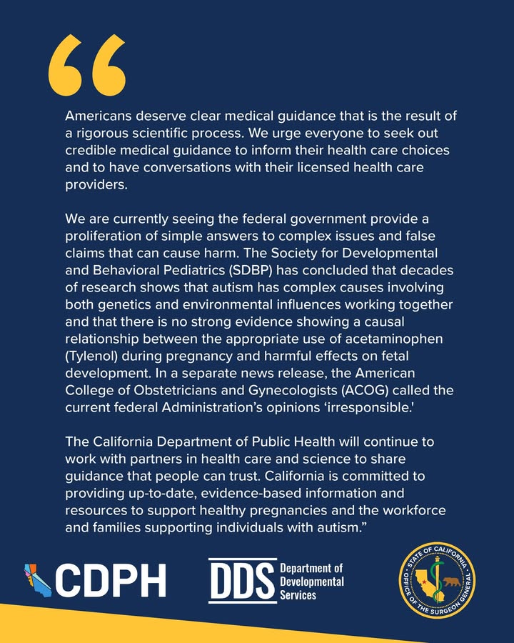 CA_OSG's tweet photo. State officials from @CAPublicHealth, the Office of the California Surgeon General, and @CaliforniaDSS issued the following statement on recent claims regarding acetaminophen and pregnancy. https://t.co/qC5CFeN2N5