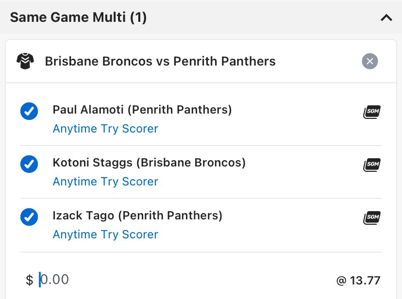 It’s #NRL Preliminary Finals time &amp; here are our Multi plays x 4 that are upcoming &amp; heard with <a href="/TimGossage/">Tim Gossage 🤓</a> &amp; <a href="/ScottyCummings_/">Scotty Cummings</a>   @senwascottygoss
Storm 1-12/Panthers 1-12@$8.25..1 x Try Anytime &amp; 2 x Same Game Multis👉🏉🙏💰<a href="/ladbrokescomau/">Ladbrokes Australia</a> <a href="/PerthGuru1988/">B Army</a>