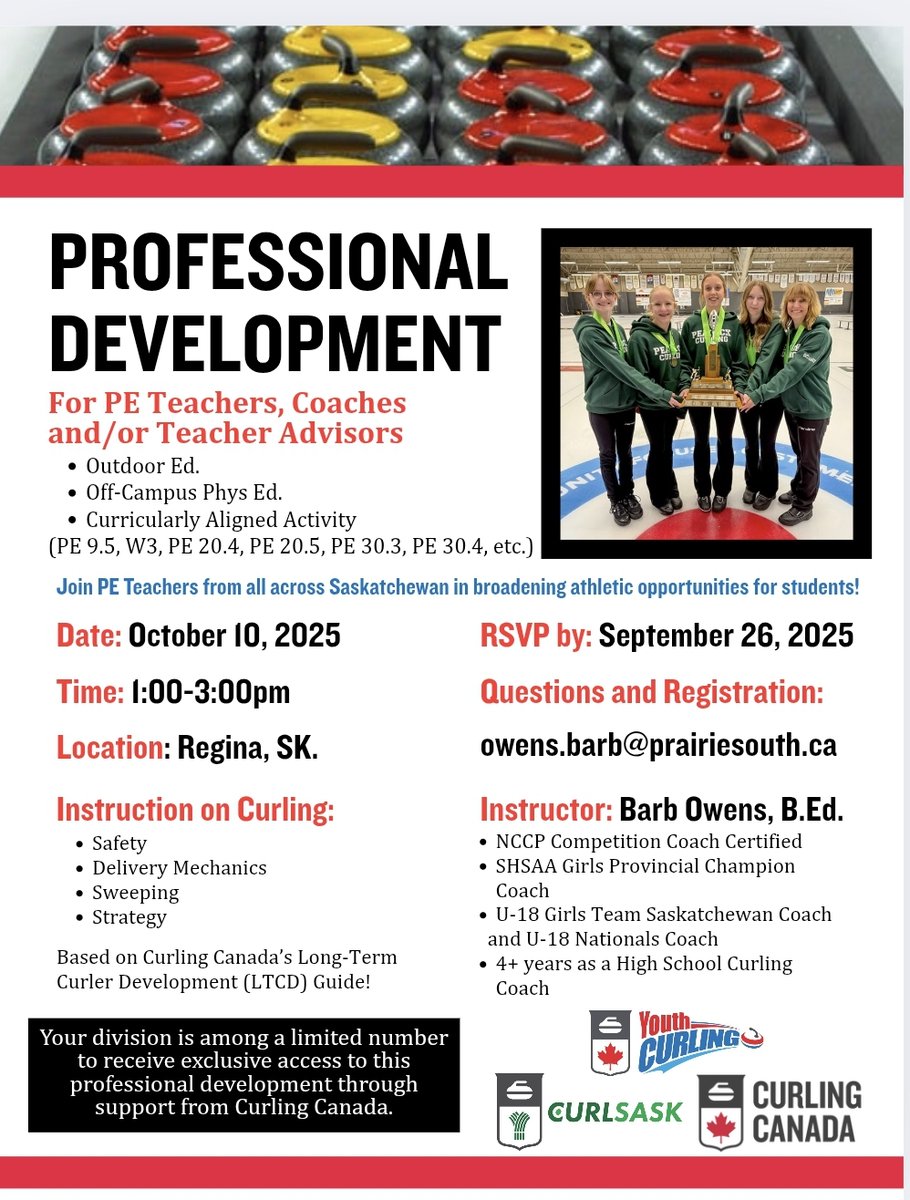 Phys ed teachers in Saskatchewan - ready to add curling to your class lineup? 🥌

Join Barb for a free session to learn or refresh your skills, all curriculum-friendly! ✅

Contact Barb 👉 owens.barb@prairiesouth.ca

<a href="/CurlingCanada/">Curling Canada</a>
