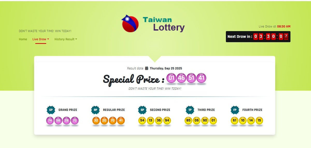RESULT TAIWAN06
KAMIS,25 SEPTEMBER 2025
☆☆ 5141 ☆☆
SHIO : KERBAU
SELAMAT KEPADA PEMENANG