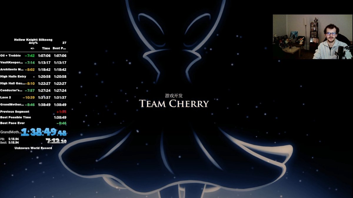 ⚠️ SILKSONG any%⚠️

Et c'est un PB supplémentaire qui cut 8 minutes à l'ancien PB, ce qui me permet de valider un objectif subsidiaire, le sub 1:40:00 !

Un gros problème sur une section vers le milieu de run, mais sinon les boss étaient juste très coopératif. Hâte de la suite !