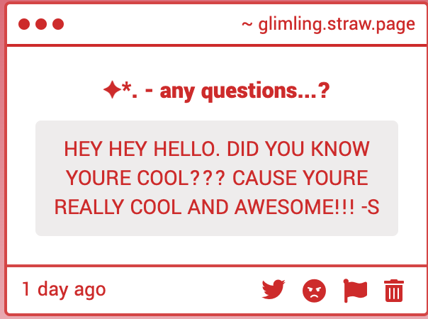 1.) YOU'RE SO RIGHT WAIITT !!  I GOTTA DRAW THAT LATER

2.) thank yew silly butt ^_^ 

sniffssnifss... yallare so sweet i die.. these kinda gimmicks always make my day even if i dont respond to them.. i SEE THEM !!