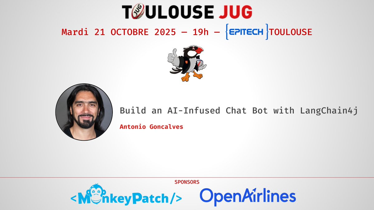 Regardez, nous aussi on parle IA ! 😅

Au JUG nous accueillerons <a href="/agoncal/">Antonio Goncalves</a>  🧑‍💻
🗓️ 21 oct, 19h, @EpitechToulouse

Live coding &amp; slides sur l’intégration d’IA dans les apps Java 🚀

Inscrivez-vous 👉 meetup.com/toulouse-java-…

Merci à nos sponsors 🫶
<a href="/MonkeyPatch_io/">MonkeyPatch</a> <a href="/OpenAirlines/">OpenAirlines ✈</a>