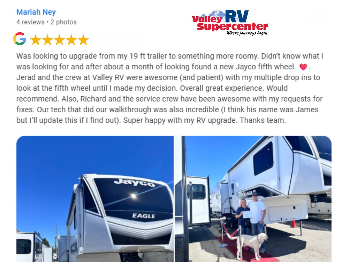 ValleyRVSuper's tweet image. Patience, teamwork, and expert support = one happy camper (and a very photogenic pup)! 🐾

Thinking about upgrading your RV? We’re here when you’re ready—where journeys begin. 
Shop Now ➡️  bit.ly/4fAozyZ

#ValleyRVSupercenter #LetsJayco #FifthWheelFun #PNWRV #Travel