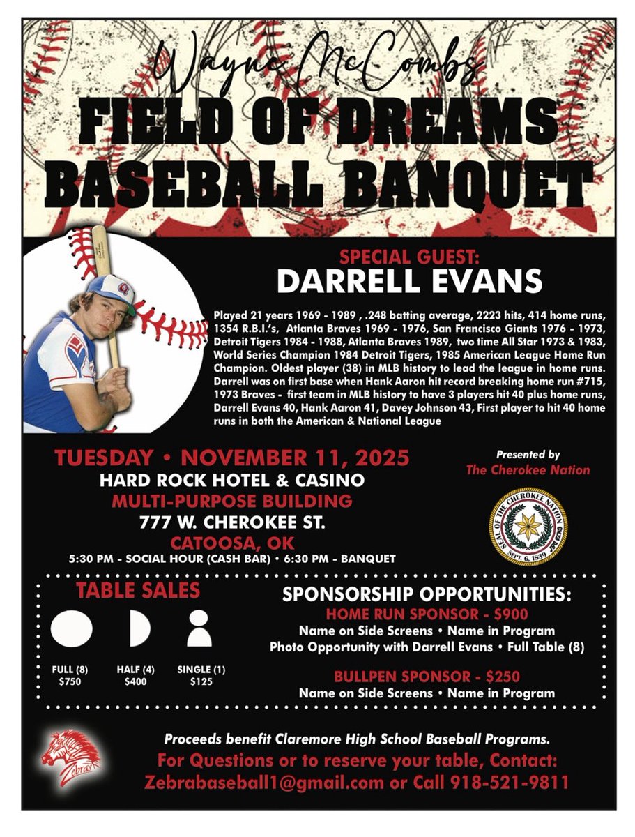 ✨ Wayne McCombs Field of Dreams Banquet – Nov 11! ✨

We’re thrilled to announce our 2025 Field of Dreams Banquet at Hard Rock Casino!

🎤 Featuring MLB legend Darrell Evans
🍽️ Dinner | 🤝 Meet &amp; Greet | 💰 Silent Auction

Reserve now &amp; support our players!