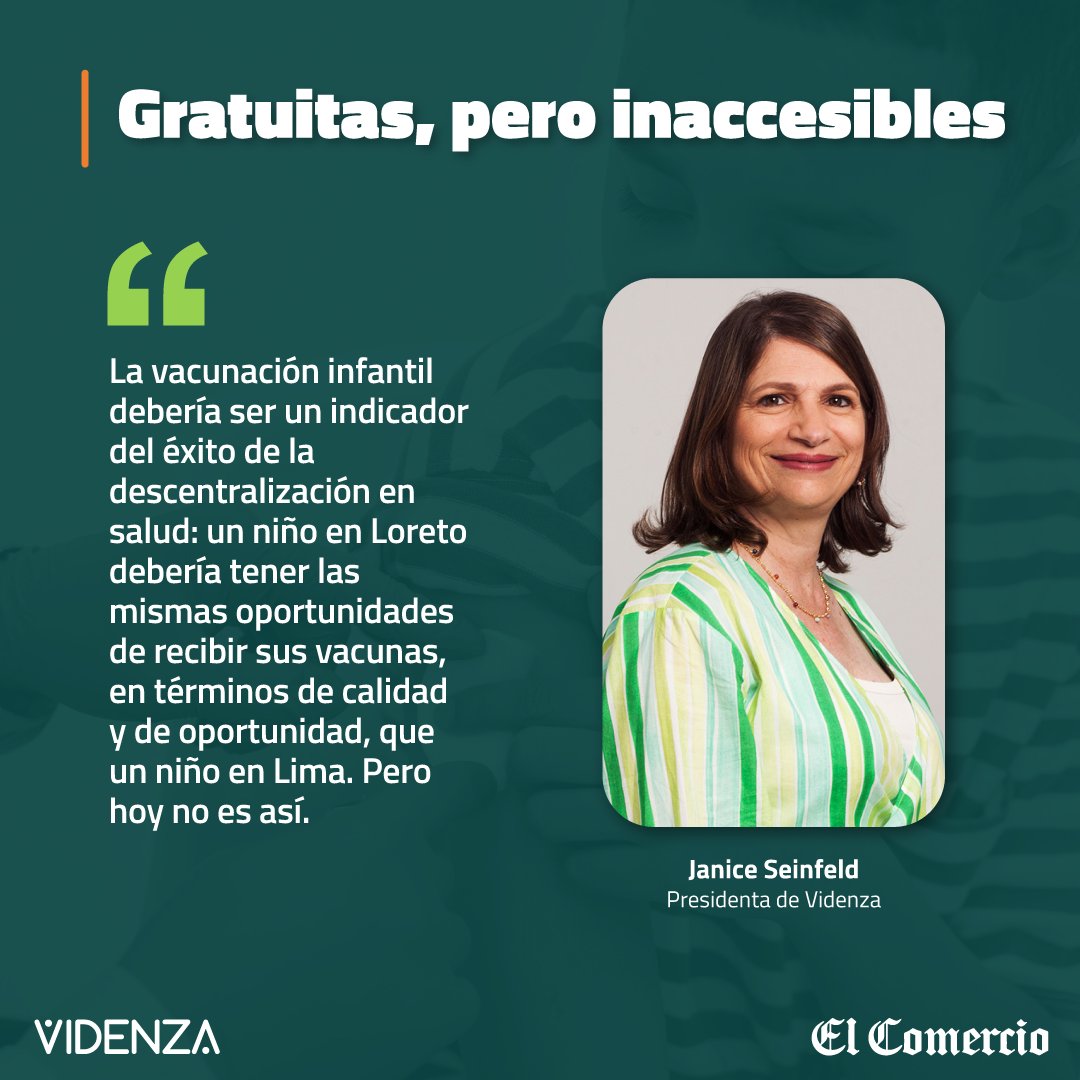 Las vacunas infantiles 💉 son gratuitas en el Perú 🇵🇪, pero para muchos niños siguen siendo inaccesibles 🚸.

En su más reciente columna en el <a href="/elcomercio_peru/">El Comercio</a>,  <a href="/janice_seinfeld/">Janice Seinfeld</a> explica por qué la descentralización en salud aún no garantiza igualdad de oportunidades.

👉 Lee la