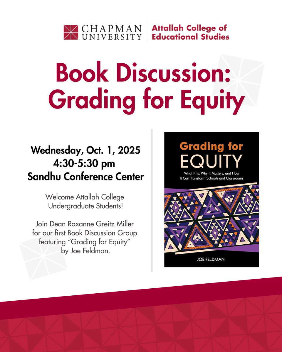 Hey, Fall 2025 freshman and transfer students!📚

Our first Book Discussion is coming up, and you’re invited! We’ll be diving into Grading for Equity by Joe Feldman.

RSVP with the link below:
loom.ly/8XZcEgw

#AttallahCollege #ChapmanU
