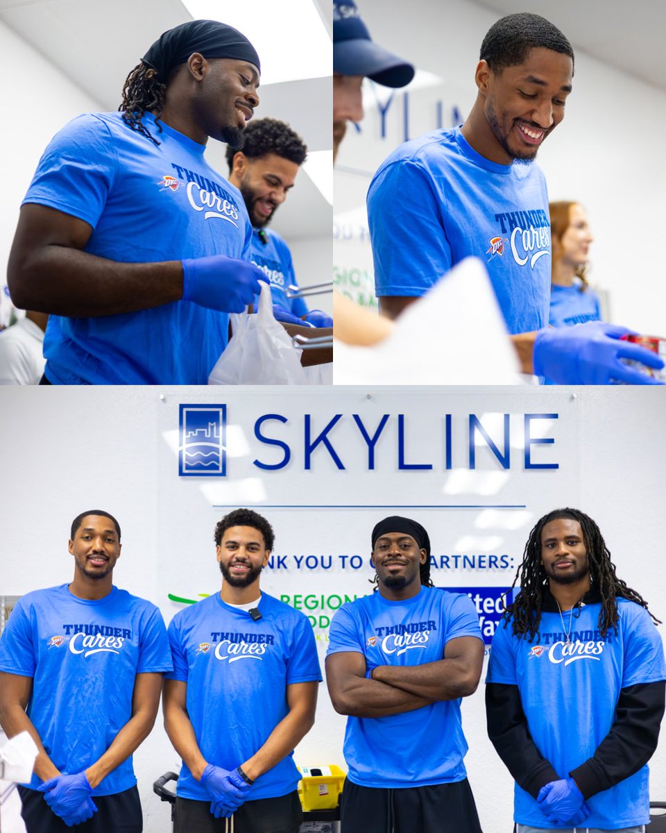 okcthunder's tweet image. Neighbors helping neighbors 💙
Lu, Wiggs, Cason, and Ajay joined volunteers at Skyline Urban Outreach’s Food Resource Center to help provide meals for families in the community 🛒